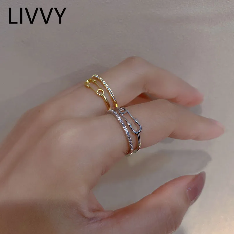LIVVY Silver Color Pin Open Adjustable  Double Layer Ring  for Women Couple Fashion Shine  Zircon  Jewelry Gifts