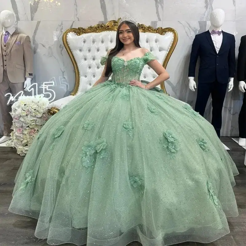 Sage Green Princess Quinceanera Dresses Off Shoulder Appliques Flower Beads Corset Vestidos De 15 Anos Customized