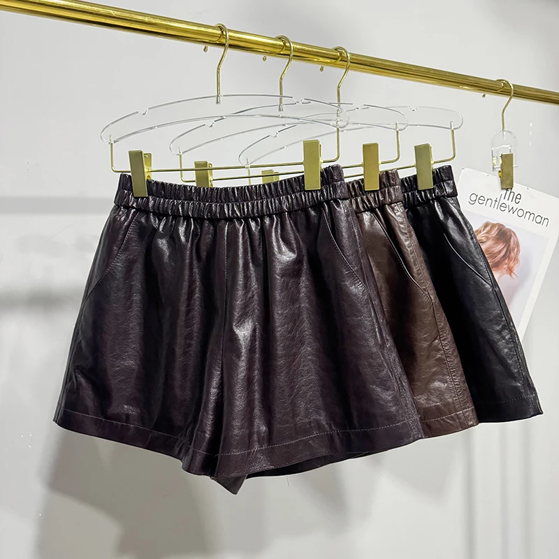 Women's Autumn Winter Imported Leather Short Pants A-Line Wide Leg Casual Trousers Oil Wax Sheepskin Slim Versatile Shorts Mujer