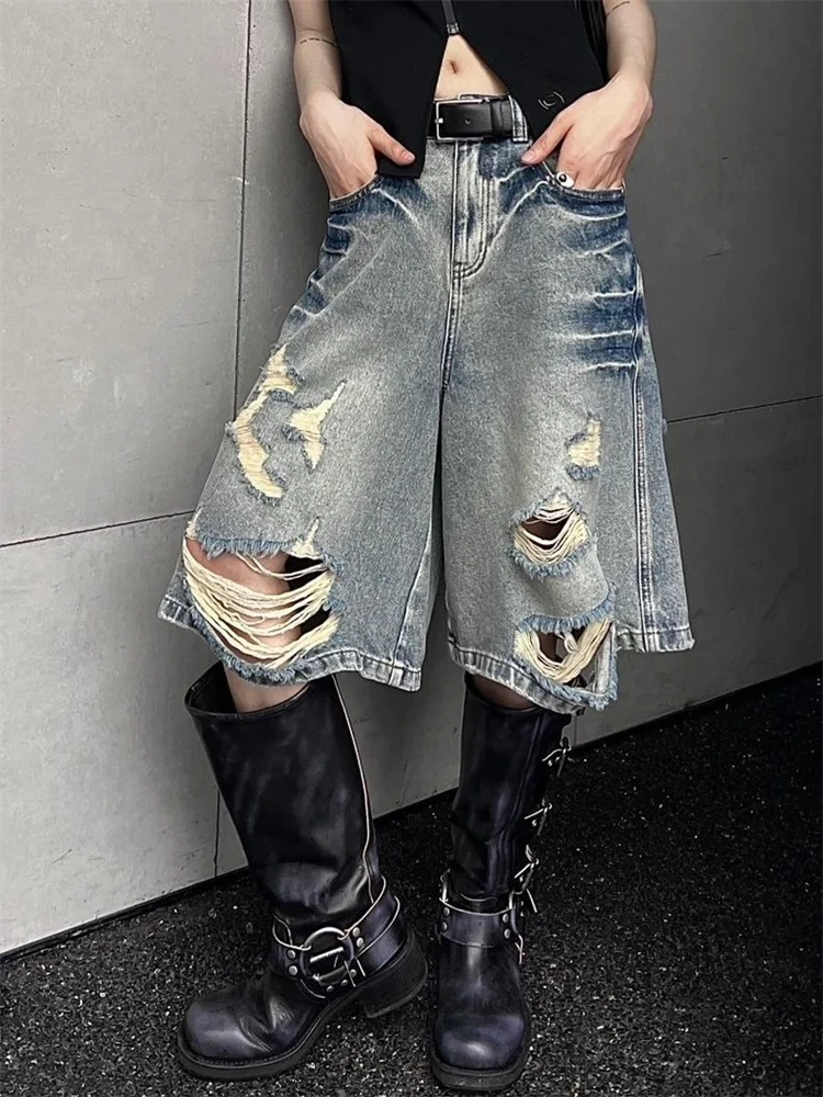 

Women's Worn Out Distressed Wide Leg Cropped Jeans Summer New Street Style Thin Denim Shorts Casual Female Knee Length Pants