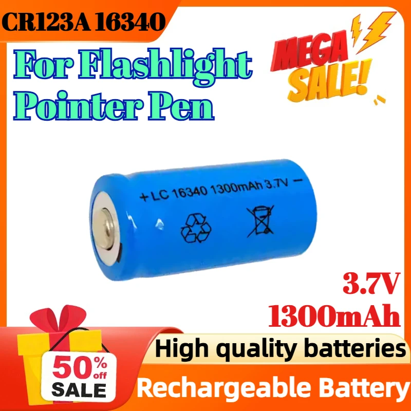 

3.7V 1300mAh CR123A 16340 Pointed Tip Lithium Rechargeable Battery for Flashlight Pointer Pen Battery