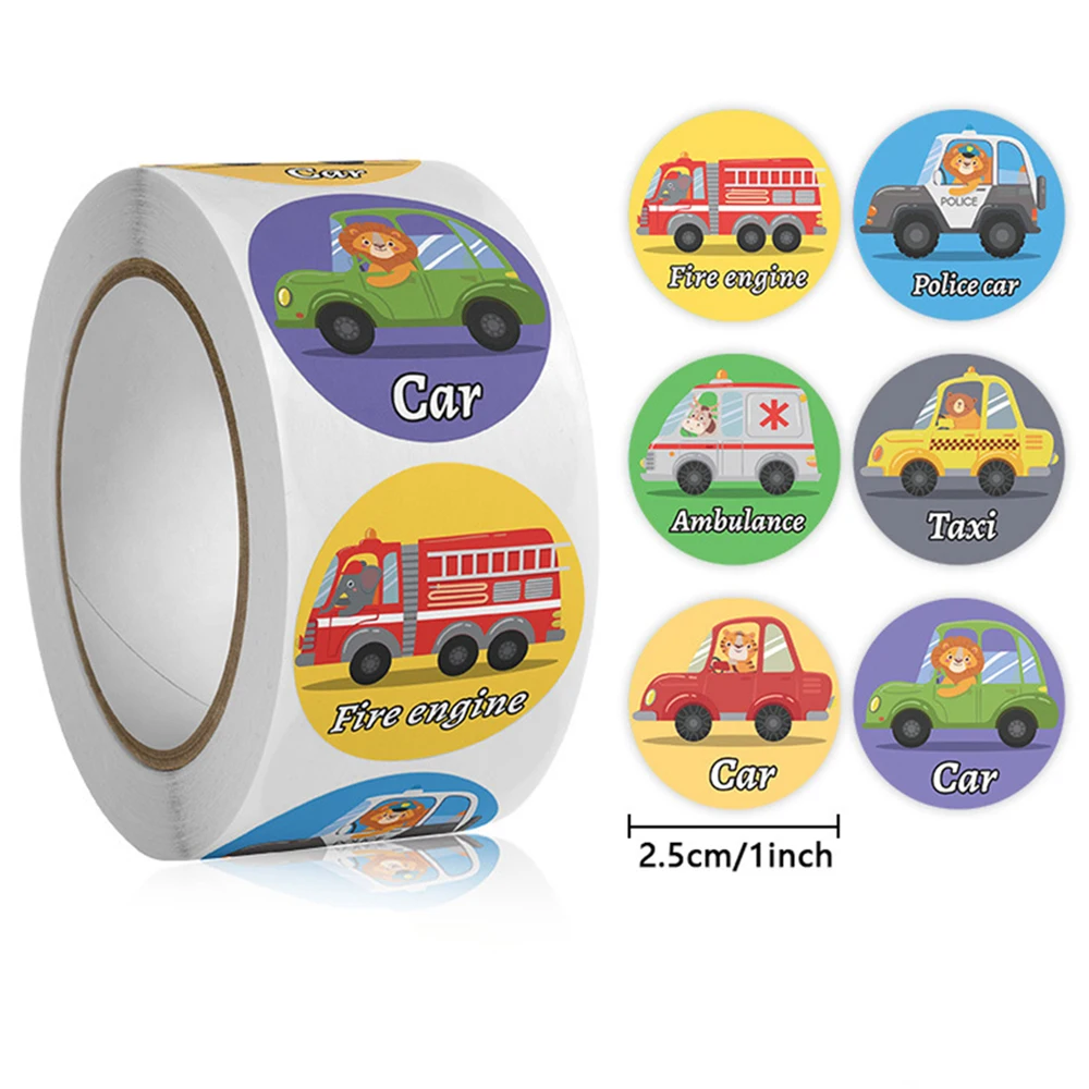 50-500pcs Cars Pattern Reward Sticker For Kids Cute Cartoon Bus Tank Train Truck Round Sealing Labels For Encourage Children