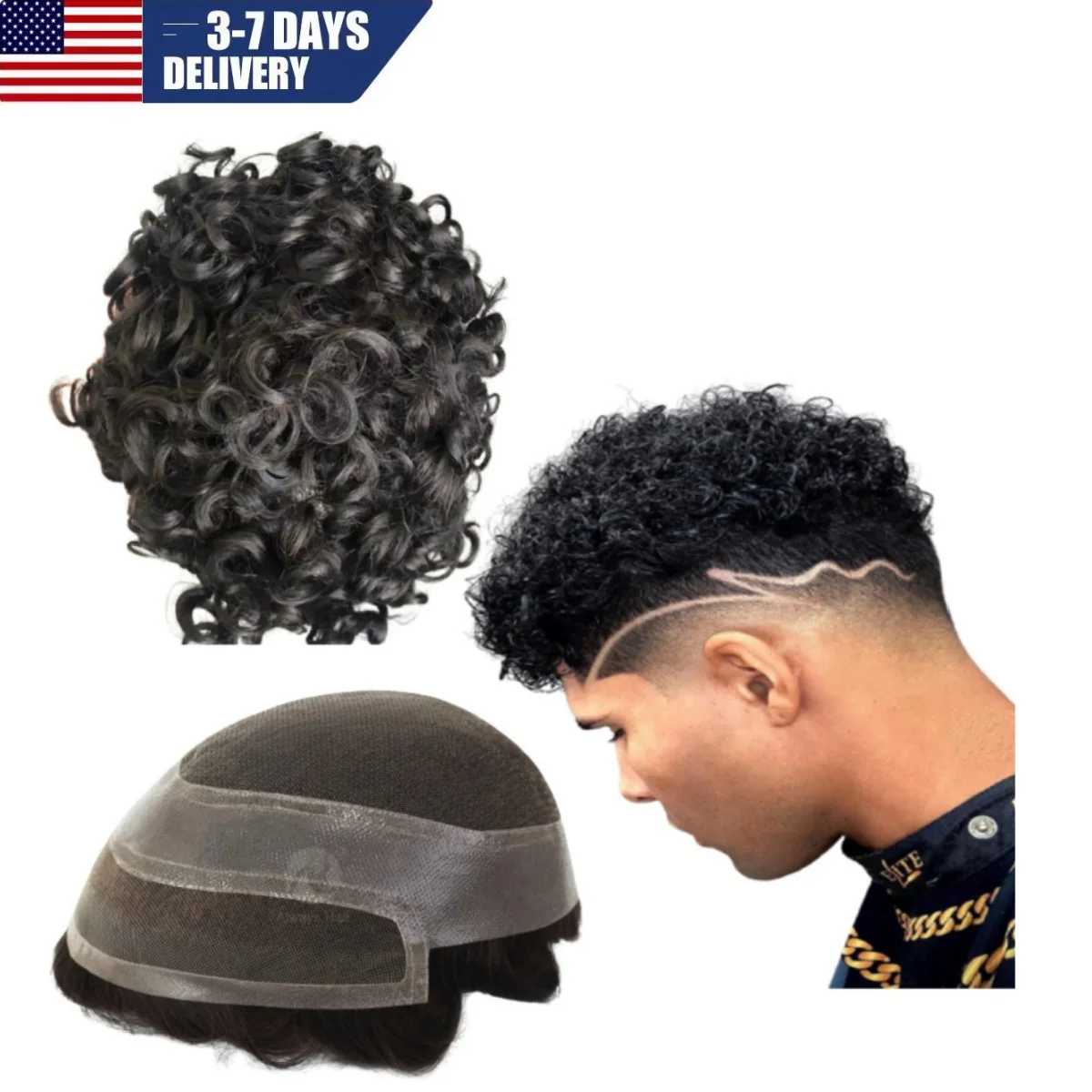 Toupee for Men Human Hair Wigs Mens Curly Wave Hair Real Human Replacement System for Man Hollywood Prosthesis Units (8x10)