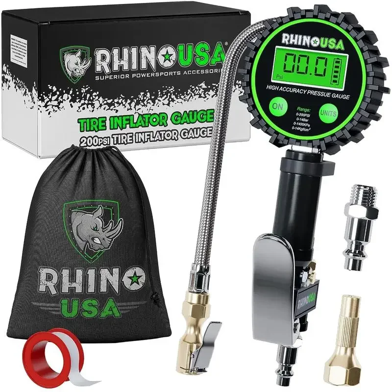 Rhino USA 디지털 타이어 팽창기, 압력 게이지 (0-200 PSI), ANSI B40.7, 정확한 2 인치 글로우 다이얼, 브레이드 호스, 황동 하드웨어