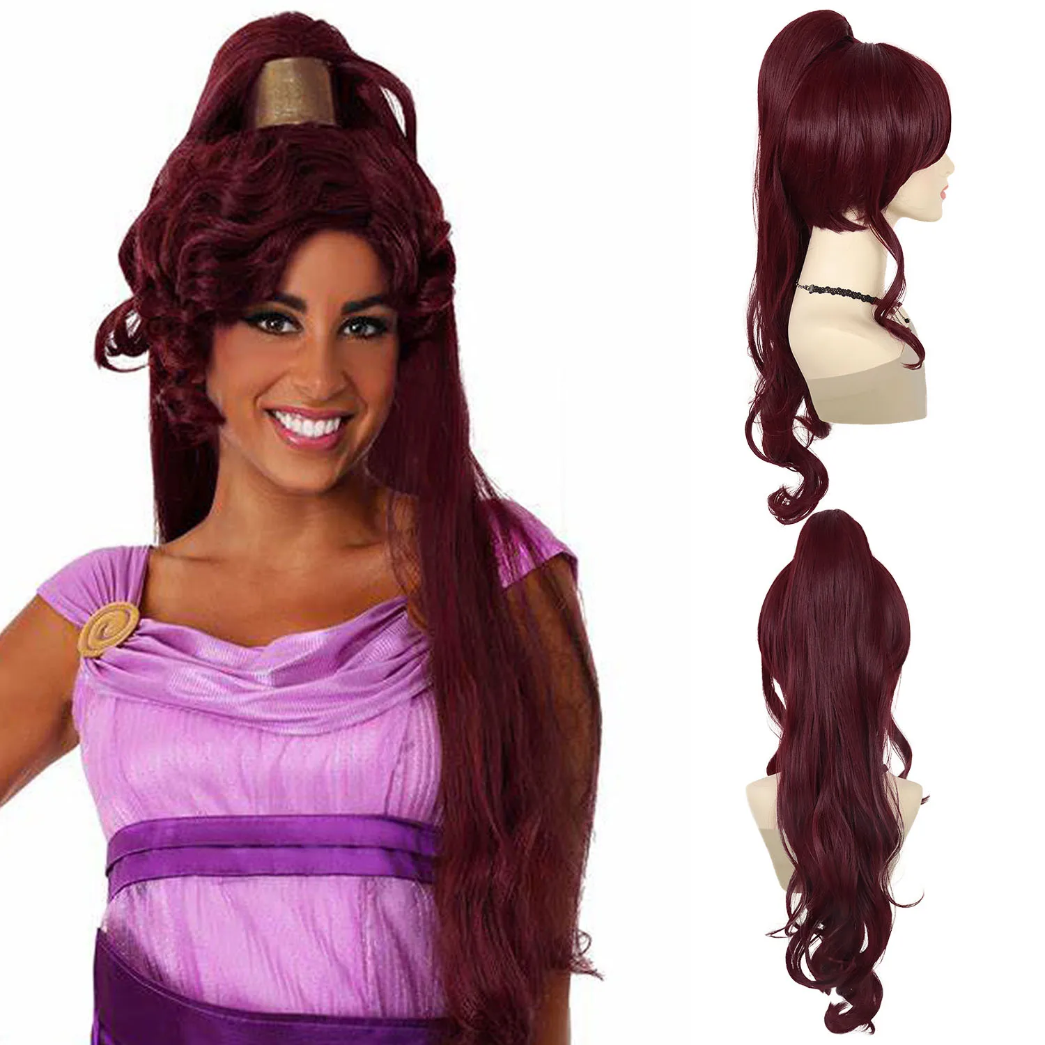 Megara Costume for Women Synthetic Fiber Megara Dark Red Wig - Cherry Red Ponytail for Meg Hercules Costume Cosplay Accessories