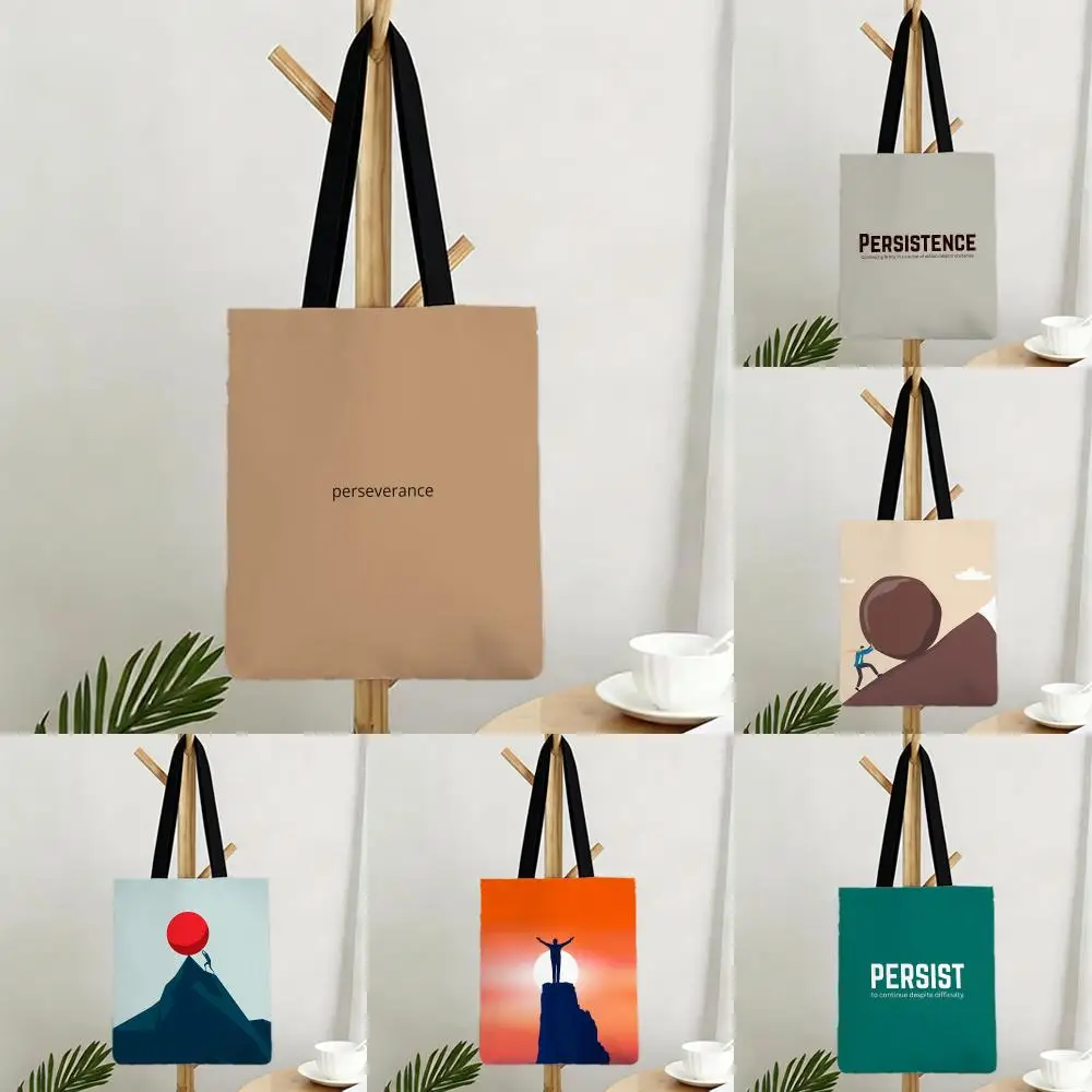 Sacs de rangement en toile avec citation de slogan actif « Perseverance », série de sacs imprimés, sacs à bandoulière légers pour le quotidien et le shopping
