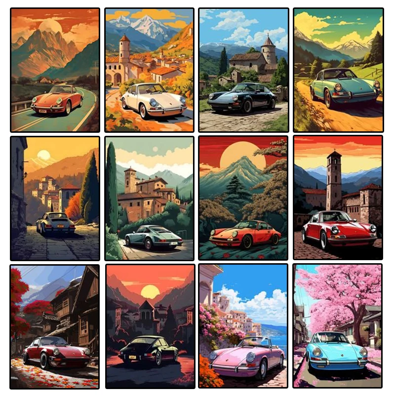 Retro Landscape Car Canvas Painting Cars Lovers Poster Wall Art Print Mural Pictures Living Room Bedroom Home Modern Decor Gifts