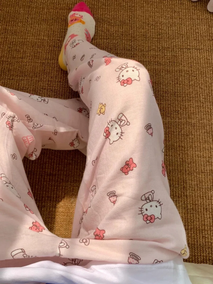 

Hello Kitty Y2k pijamas Kawaii de verano para mujer, pantalones de pijama informales holgados y finos con dibujos animados para