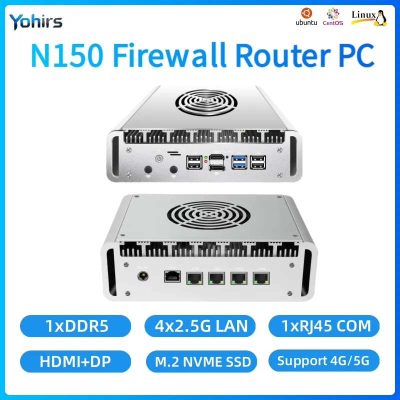 

Intel N150 Fanless Industrial Mini PC Router 4xIntel 2.5G i226 Lan DP HDMI DDR5 NVME Firewall Network Appliance Compact OPNsense