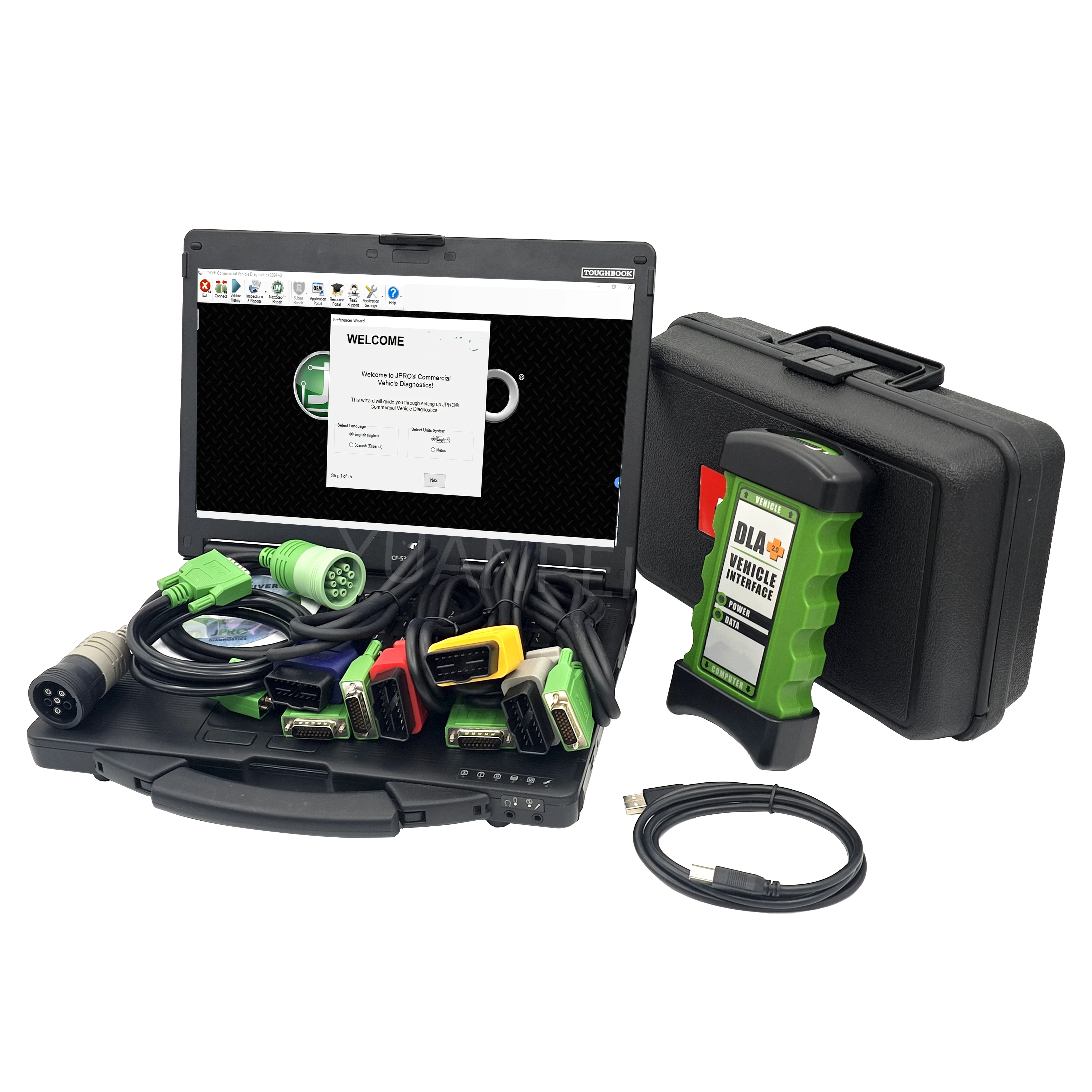 DLA+ 2.0 Heavy Duty Truck Diagnostic Scanner Vehicle Interface Complete Adapter Kit Compatible with JPRO Professional Software
