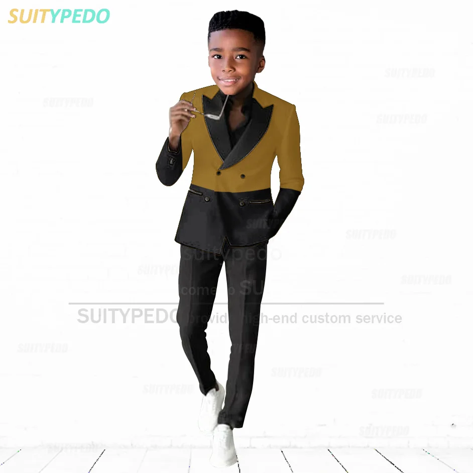 Boys Suit Sets Birthday Prom Tailor-made Fashion Black Splicing Outfits Children Party Slim Fit Elegant Blazer Pants 2 Pieces