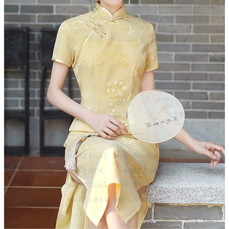 

Новое платье в китайском стиле, сексуальное платье Cheongsam с цветочным принтом, женское элегантное летнее новое праздничное платье, винтажное длинное платье Ципао, Vestidos