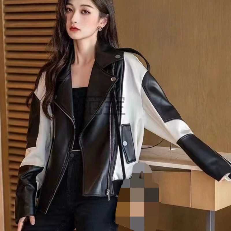Leather Jacket Woman Black White Lapels Short Jacket Autumn Winter 2025 New Spliced Zipper Long Sleeves Coat Casual Slimming Top
