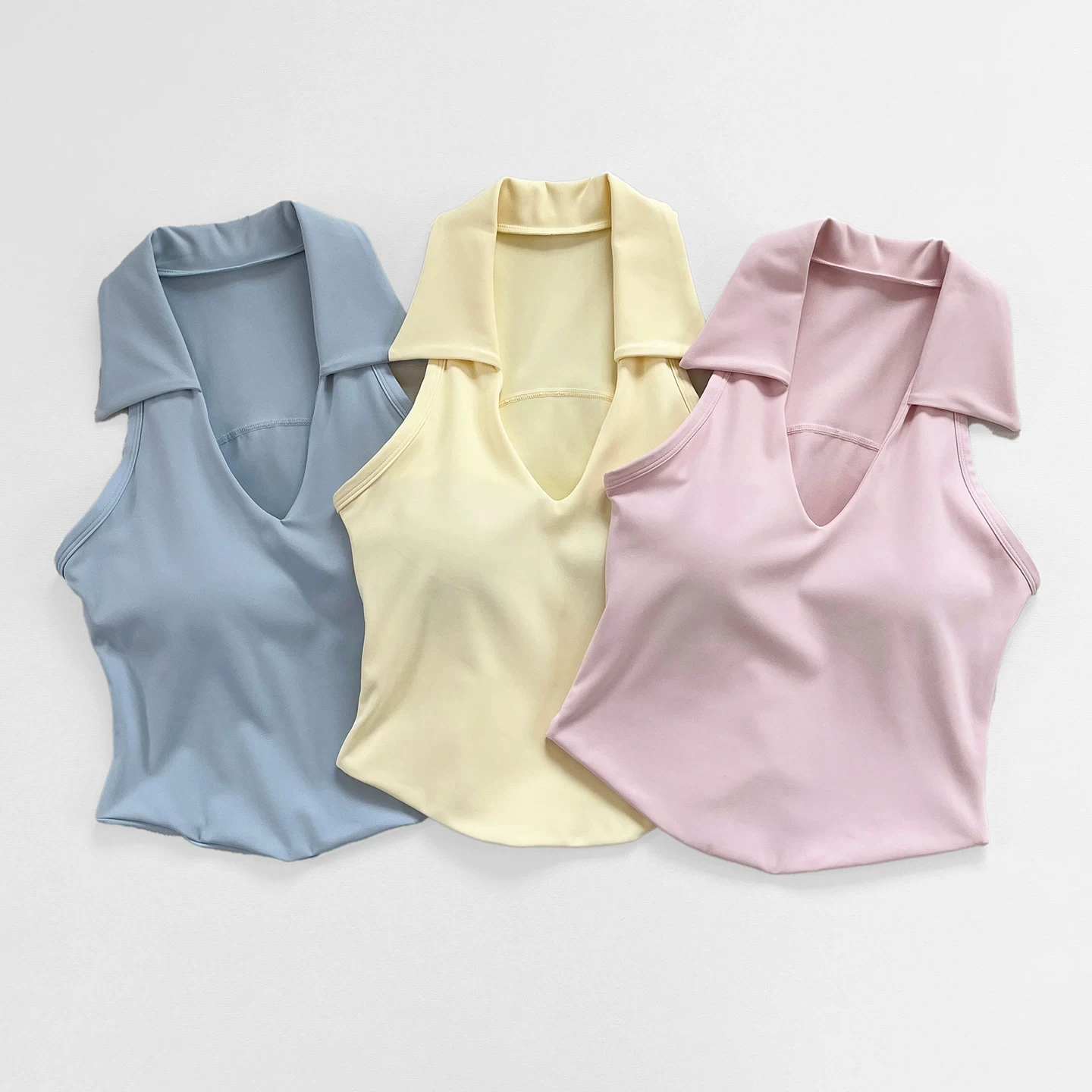Women Polo Collar Yoga Tank Top Built‑in Bra Sleeveless V‑Neck Sports Crop Top Fitness Workout Gym Sporty Vest