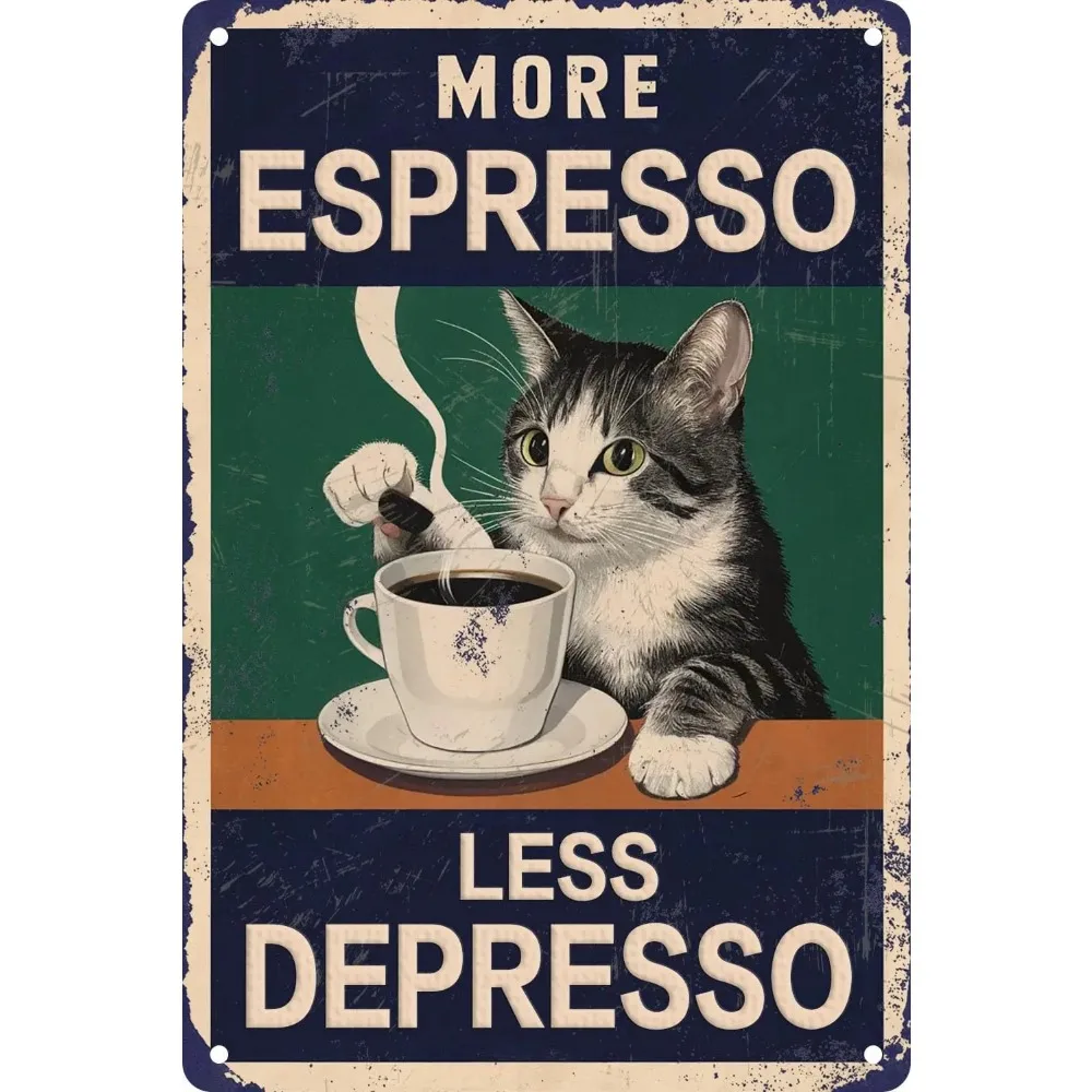 

Retro Funny Cat Coffee Poster More Espresso Less Depresso Metal Tin Sign For Home Kitchen Cafe Bar Living Room Wall Art Decor 8X