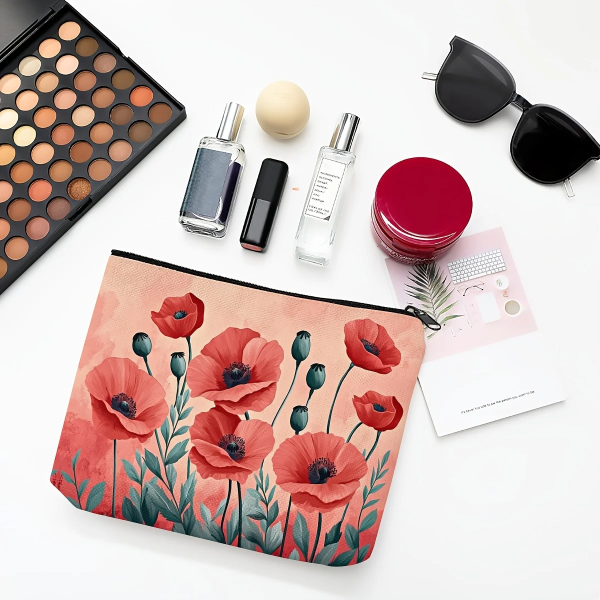 1 Piece Red Poppy Flower Makeup Bag - Multifunctional Zipper Pouch For Women, Perfect Travel Zipper Storage Bag, Fun Birthday Gi