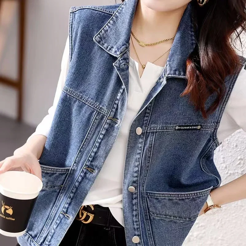 

Vintage Women Denim Vest Jacket Spring Summer Sleeveless Casual Top Blue Jean Waistcoat Coat Lady Oversize Pocket Outerwear C39