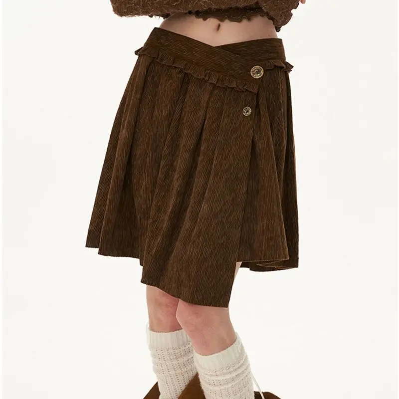 

Women Velvet Skirts 2025 Autumn Winter New Retro Skirt Brown Asymmetric Waist Pleated Mini Skirt Women's Elegant Skirt