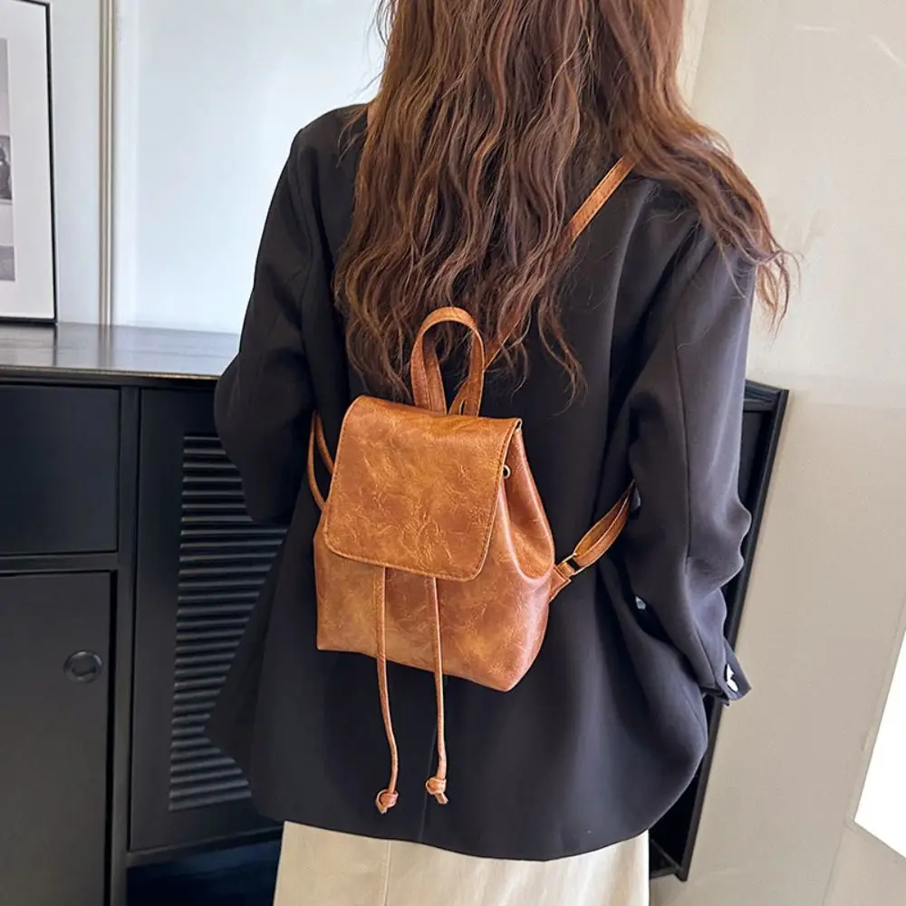 

Simple PU PU Backpack Small Pack Solid Color Solid Color Shoulder Bag Korean Style Brown Retro Backpack Lady