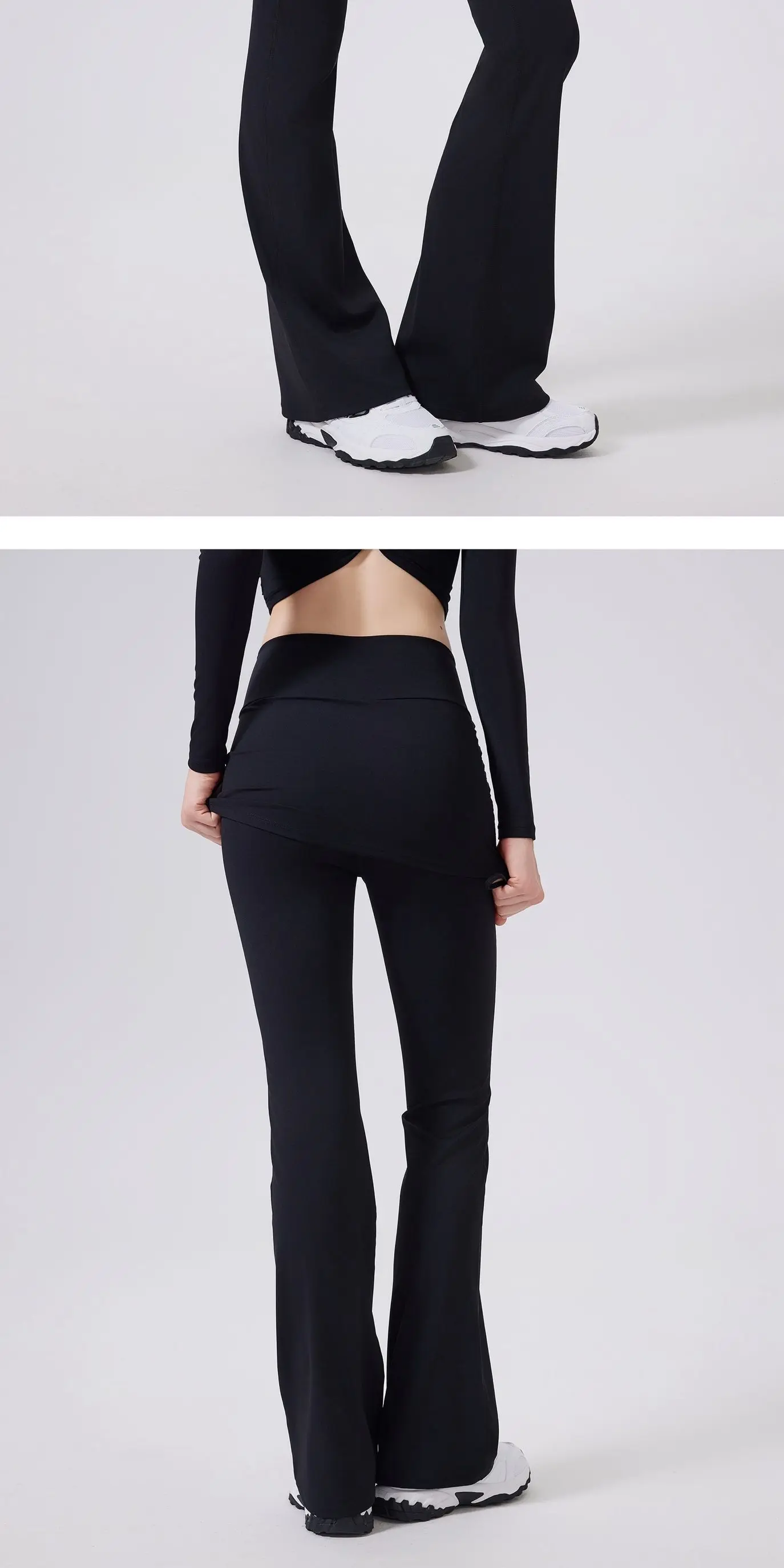 Täuschend echte, hochtaillierte, leicht ausgestellte Hose mit hüftbedeckendem Rock für Damen zum Laufen, Tanztraining, Pilates-Sport. – Detail 10