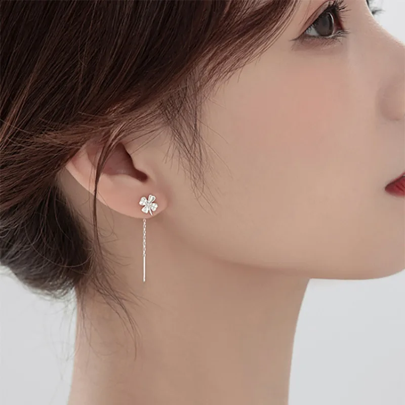 CIAXY Silver Color Plant Flower Clover Zircon Stud Earrings for Woman Girl Chain Tassel Earring Classic Fine Jewelry Gift