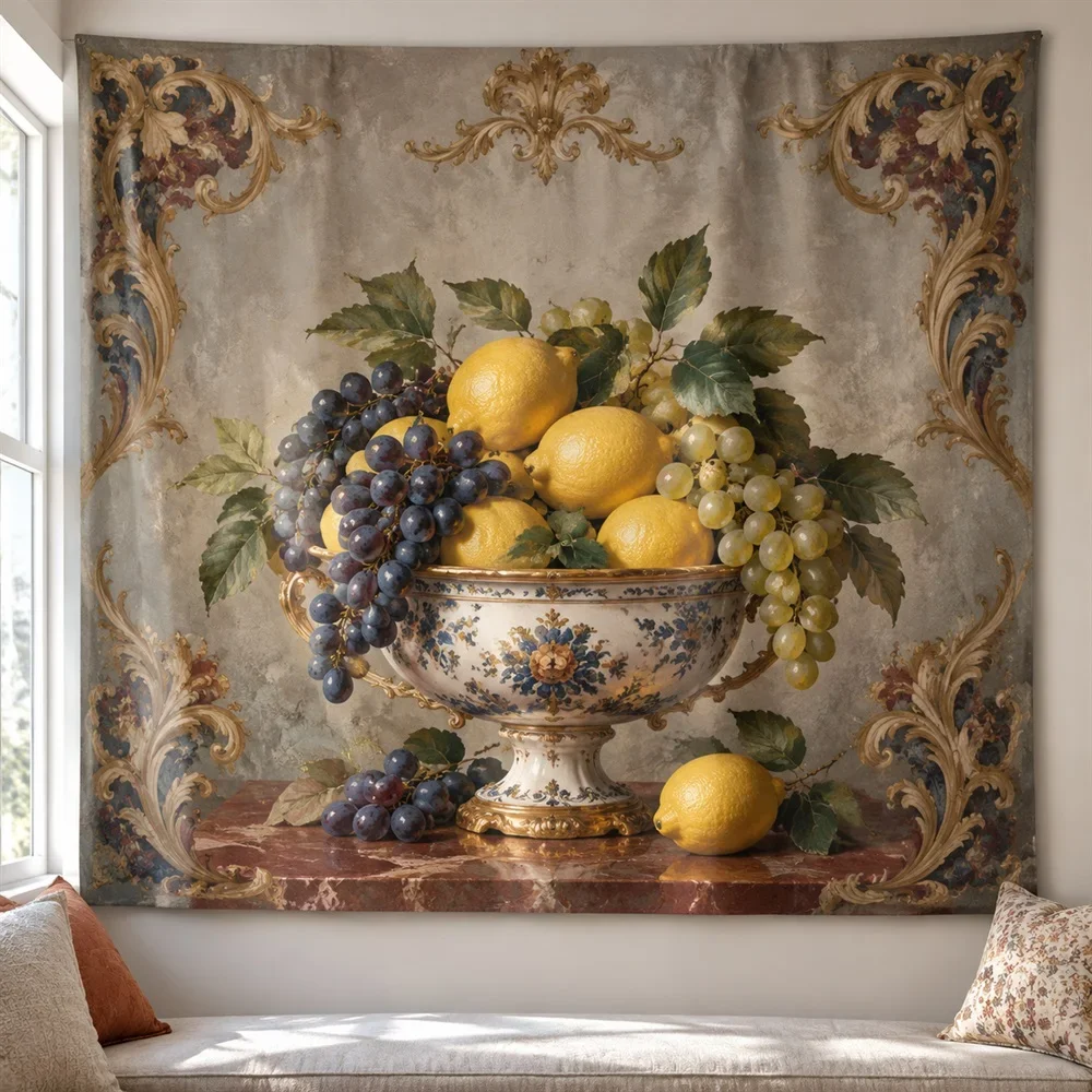 VIKAMA European Ceramic Fruit Bowl Tapestry Wall Hanging, European Wall Art Tapestries for Nursery Kids Room Bedroom Living Room