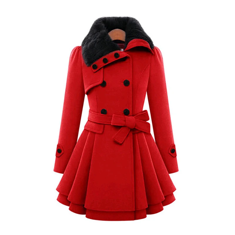 Fashion Padded Cotton Women Jacket Korean Solid Color Double Breasted Cashmere Coat England Style Lace-Up Pleated Ruffle Trench