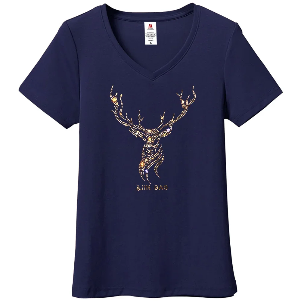 2024 Summer Cotton Deer Diamond Print T shirts Women Slim Fit Tops Blue Short Sleeve T-shirt Ladies Vibrant Tees O Neck  S-5XL