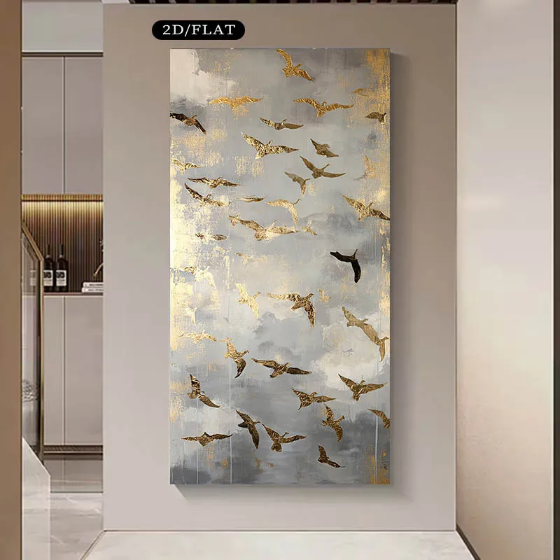 

2D/Flat Large Modern Golden Birds Canvas Wall Art - Frameless Minimalist Golden Bird Prints for Elegant Living Room Decortions