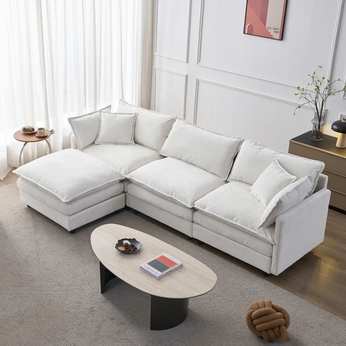 Modulares Ecksofa aus Premium-Chenille – 3-Sitzer mit Chaiselongue & Ottoman – Komfortables L-förmiges Sofa für kleine Wohnungen, Wohnzimmer & Lounge – Atmungsaktive Familiensitzgruppe