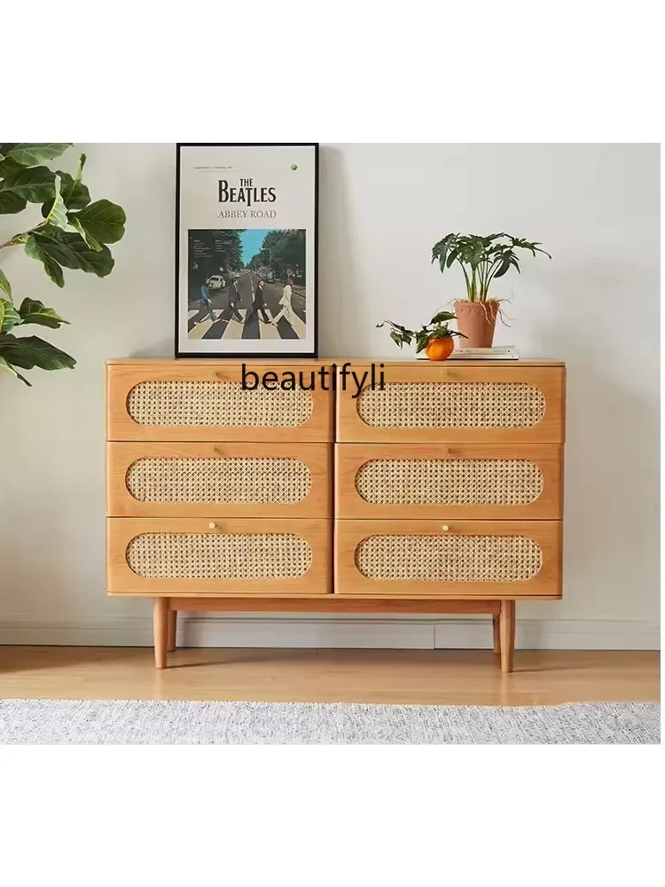 

07Solid Wood Rattan Chest of Drawers Simple Modern Bedroom Drawer-Style Storage Locker Log Home Entrance Cabinet furniture