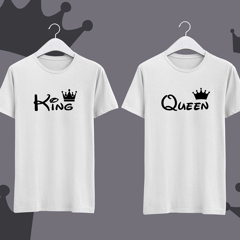 King Queen Couple T-shirt Harajuku Cotton Crewneck Graphic Tee Lover Clothes Vintage Simple Men and Women T Shirts Clothing