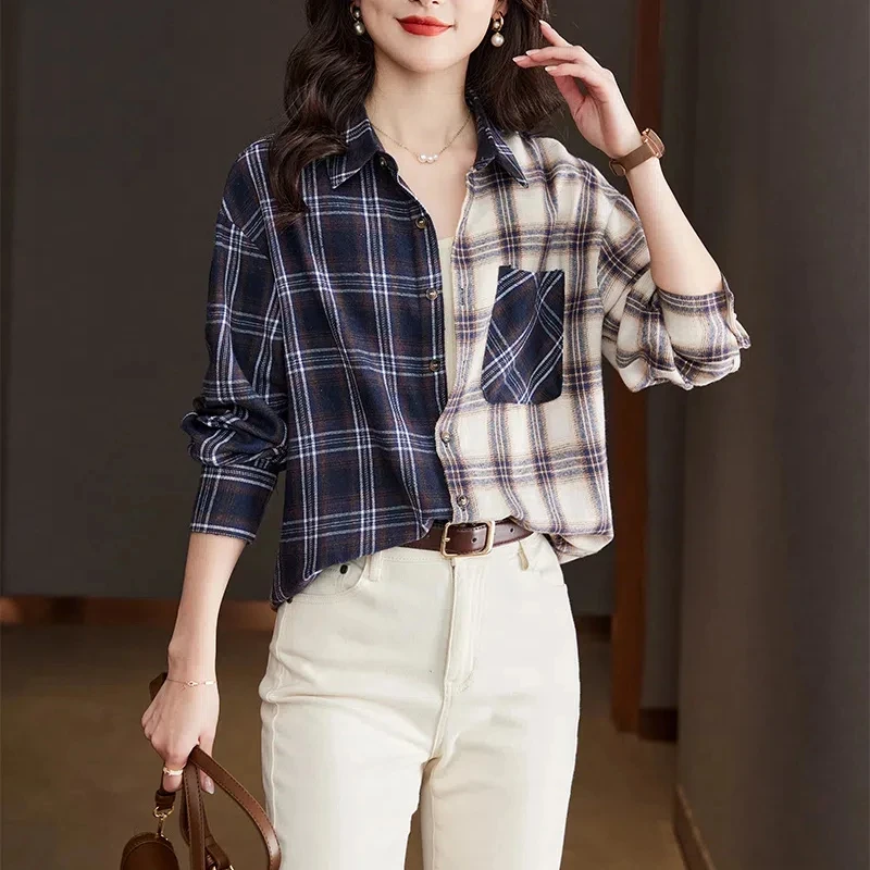 Contrast Color Turn-down Collar Button Up Long Sleeve Plaid Cardigan Casual Shirt Fashion Women\'s Clothing Spring Autumn Tops