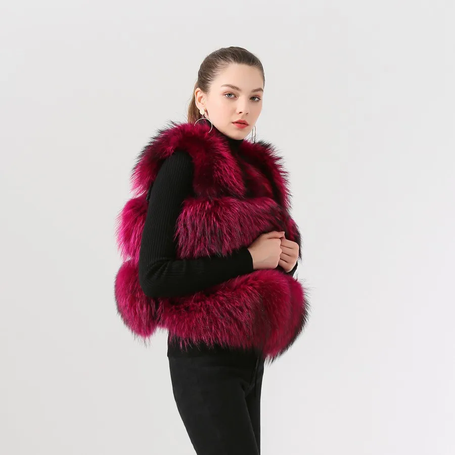 2023 New Arrival Hot Sale Women Real Raccoon Fur Coat Vest Gilet Short Vest Thick Fluffy Fur Coat