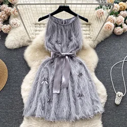 Vintage Sleeveless Elegant Halter Rhinestone Off Shoulder Chic Tassel Slim Butterfly Bandage Women Evening Fashion Summer Dress