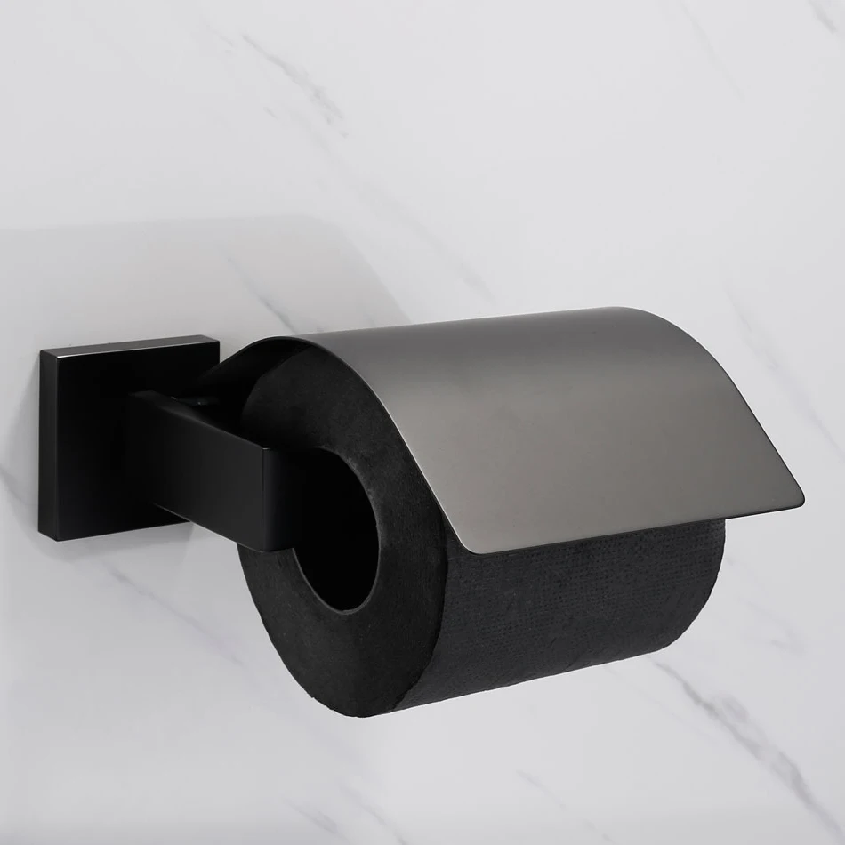 Black Toilet Paper Holder 304 Stainless Steel Wall Mounted Square Kitchen Bathroom Paper Towel Holder Cover Shelf Tissue  Rack