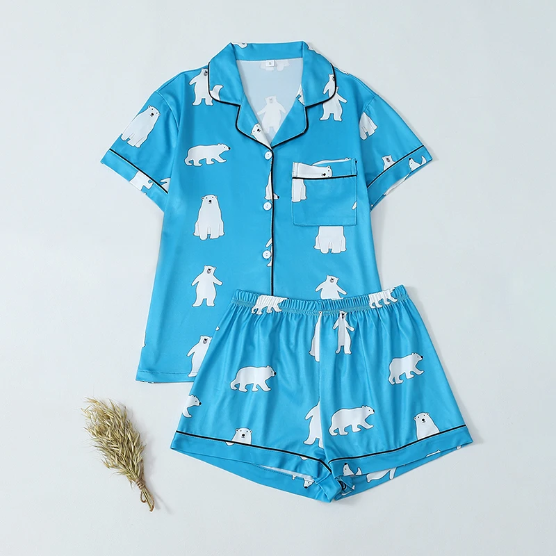 

2 шт., одежда для сна с милым животным узором, рубашка на пуговицах, эластичные шорты, удобная женская домашняя одежда, студенческая домашняя одежда, домашняя одежда
