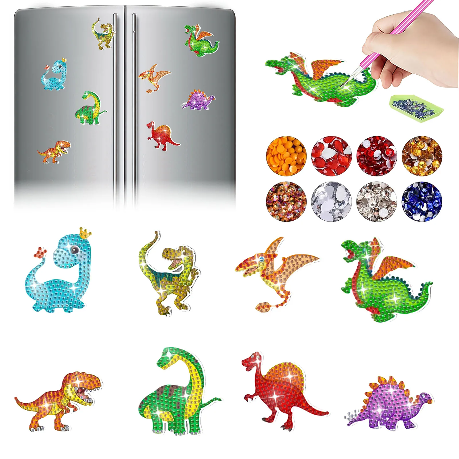 8-sets doe-het-zelf diamantkunstschildersets, dierenpatroon van acrylmateriaal met magneetdecoratie koelkastmagneten.