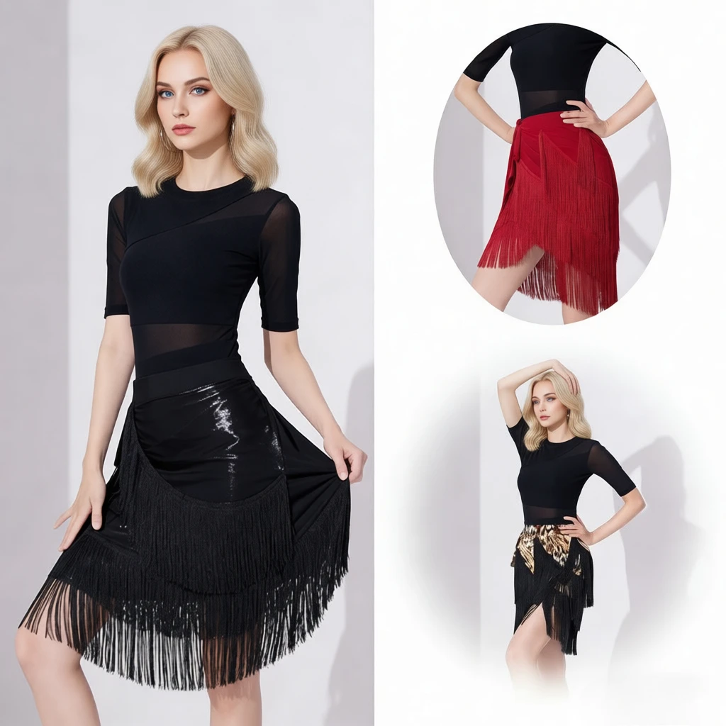 

Women Latin Dance Costume Fringed Irregular Dance Skirt Hip Scarf Practice Training Latin Dance Dresses