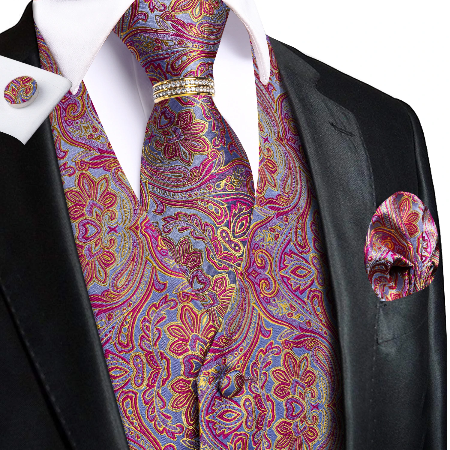 Pink Purple Paisley Mens Vest 6Pcs Matching Set, Waistcoat Necktie Bowtie Pocket Square Cufflinks Ring, Suit Decor for Prom