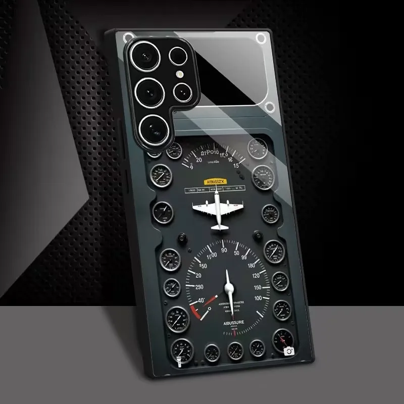 Aircraft Control Panel Pattern Black Tempered Glass Phone Case For Samsung Galaxy S25 Ultra S24 FE S23 Plus Ultra FE Cover Cases