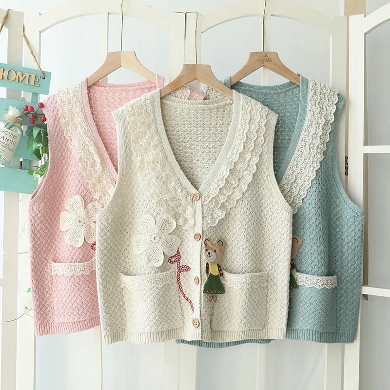 Vintage Embroidery Knitted Vest Women Autumn Japanese Mori Style Sleeveless Top Sweet Lace Patchwork Sweater Cardigan Waistcoat