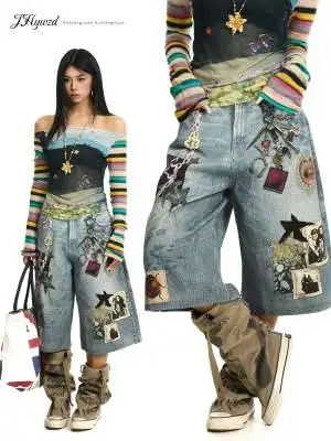 

Retro American 3D Printed Graffiti Design Denim Jeans Women's Summer New Style Worn-Look Wide Leg Shorts Trendy Seven-Foot Pants