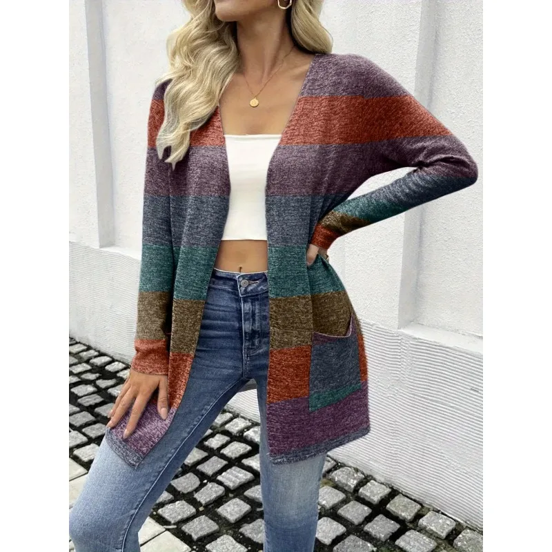 بالإضافة إلى حجم 1XL-5XL المرأة أزياء عارضة طويلة الأكمام مخطط محبوك سترة سترة