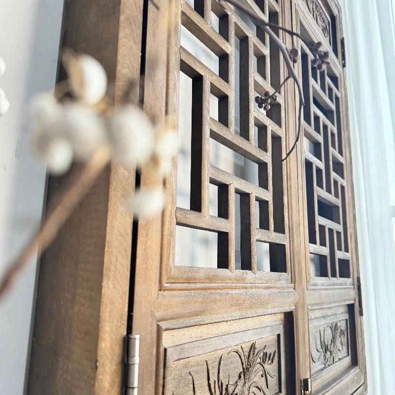 Dongyang wood carving solid wood decorative fake window Chinese antique window wabi sandy wind retro custom Song's aesthetic hol