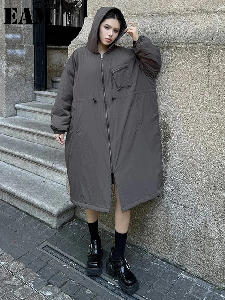 [EAM] Dark Gray Big Size Long Hooded Cotton-padded Coat Long Sleeve Women Parkas Fashion Tide New Autumn Winter 2024 1DH7696