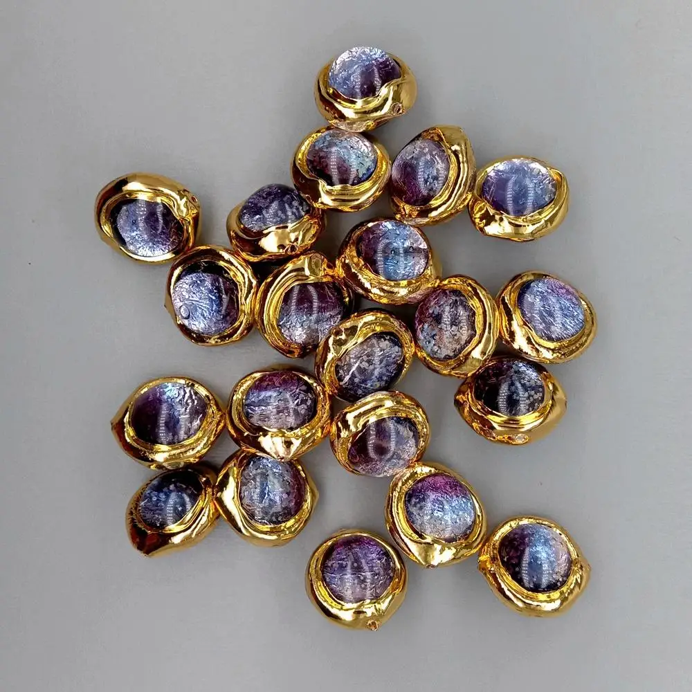 10 Pc 16mm Purple Color Noctilucent Murano Glass Round Gold Plated Beads For Bracelet Making Diy Accessories