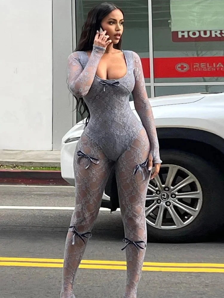 Schleife Durchsichtiger Overall Damen Y2K Jacquard Sexy Sommer Coquette Low-Neck Midnight Clubwear Elastische Workout Overalls