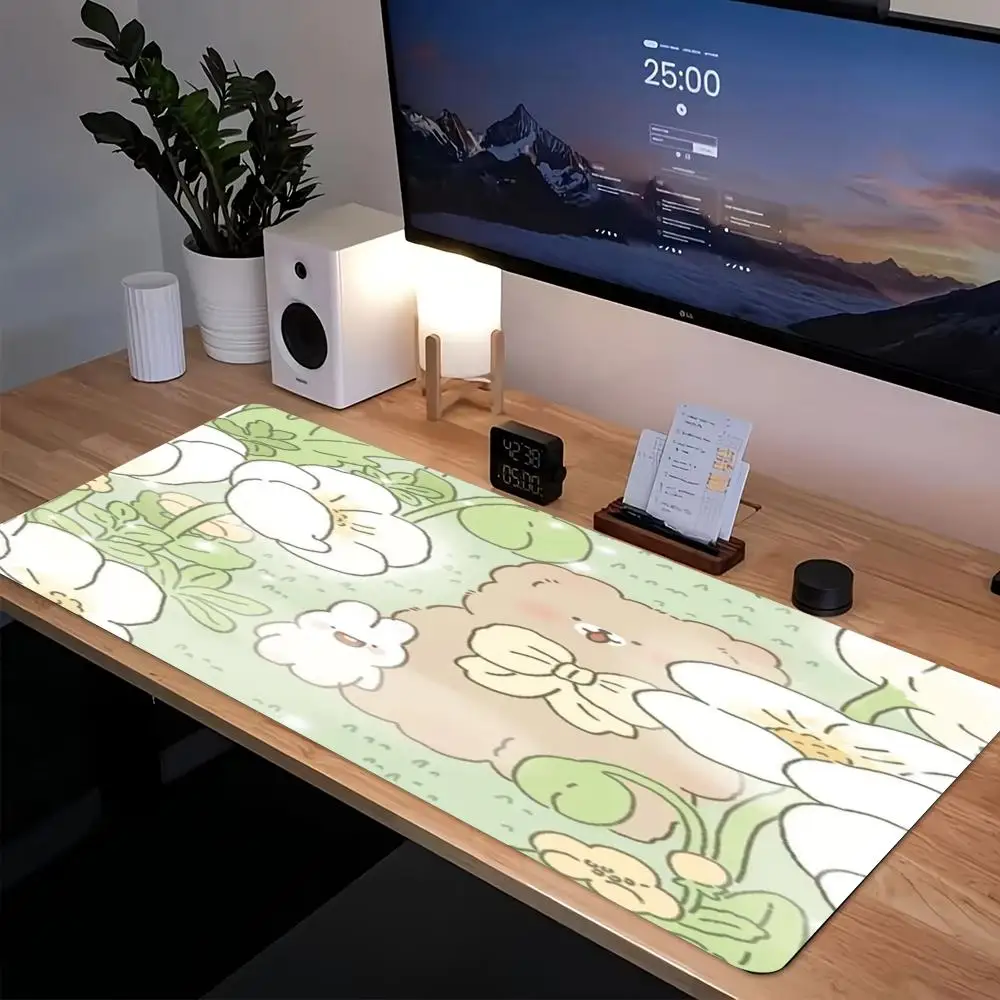 Minimalist White Floral Bear Mouse Pad, Aesthetic Botanical Desk Mat, Non-Slip Rubber Base