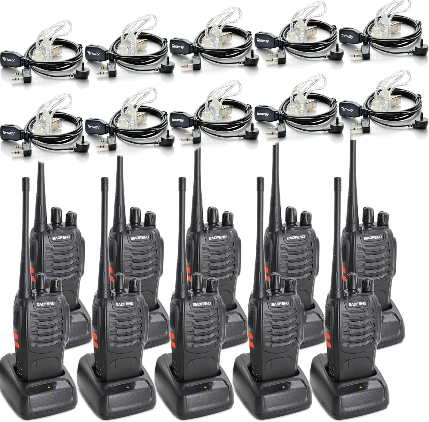 

Rechargeable Long Range Walkie Talkies for Adults, 16 Channel with Flashlight and Headphones (10 Pack)